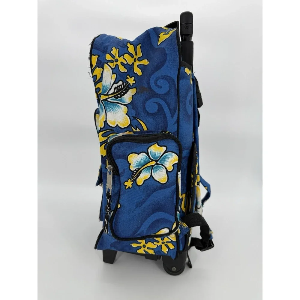 American Eagle Blue Hawaiian Hibiscus Rolling Backpack Carry On Travel Bag VTG